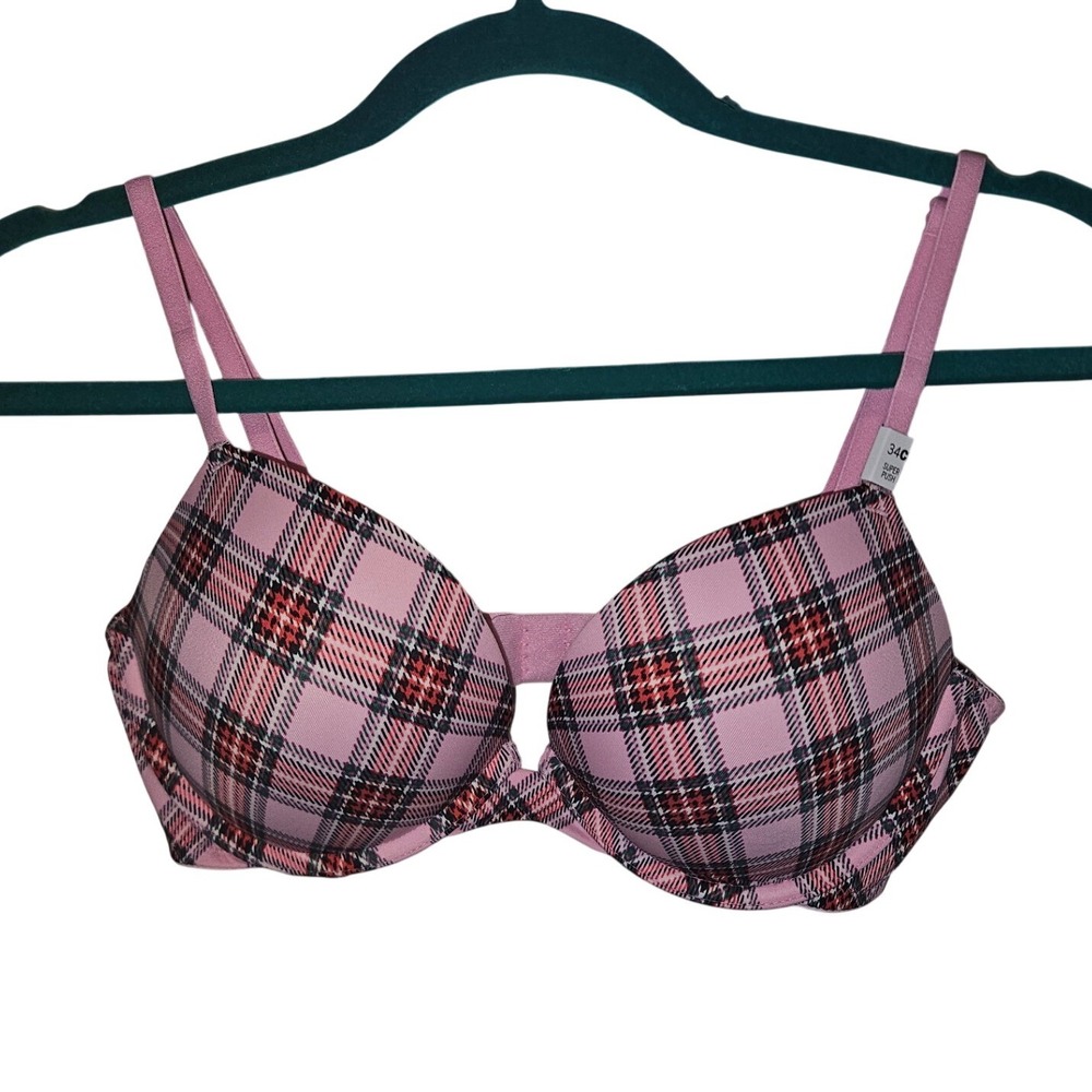 Victoria's Secret PINK Super Push Up Bra 34C Pink Plaid Underwire NWT 11241737